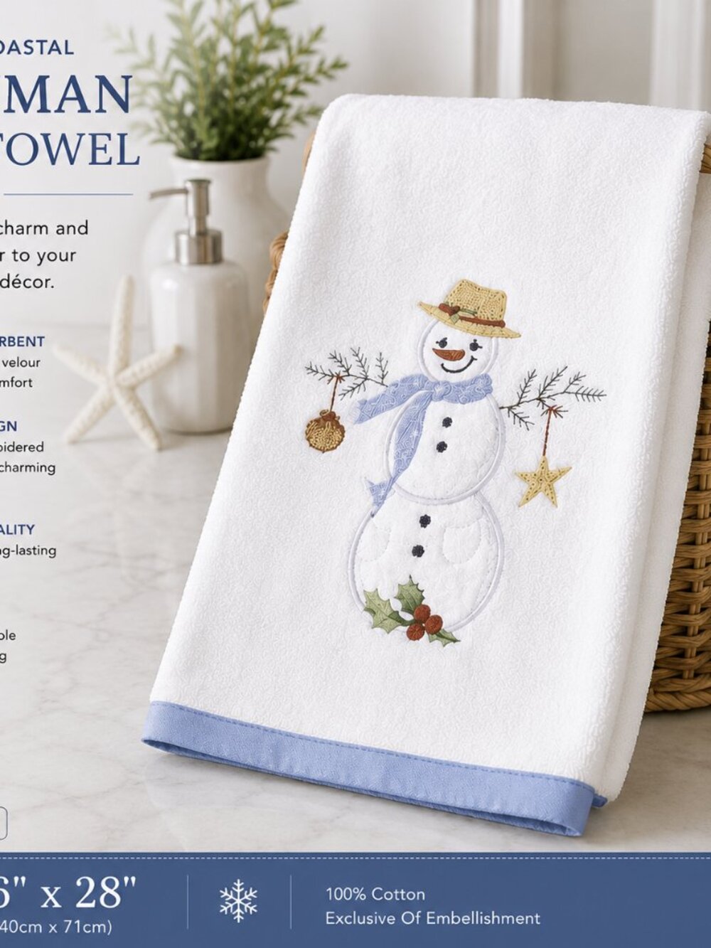 Avanti Coastal Snowman Hand Towel, White